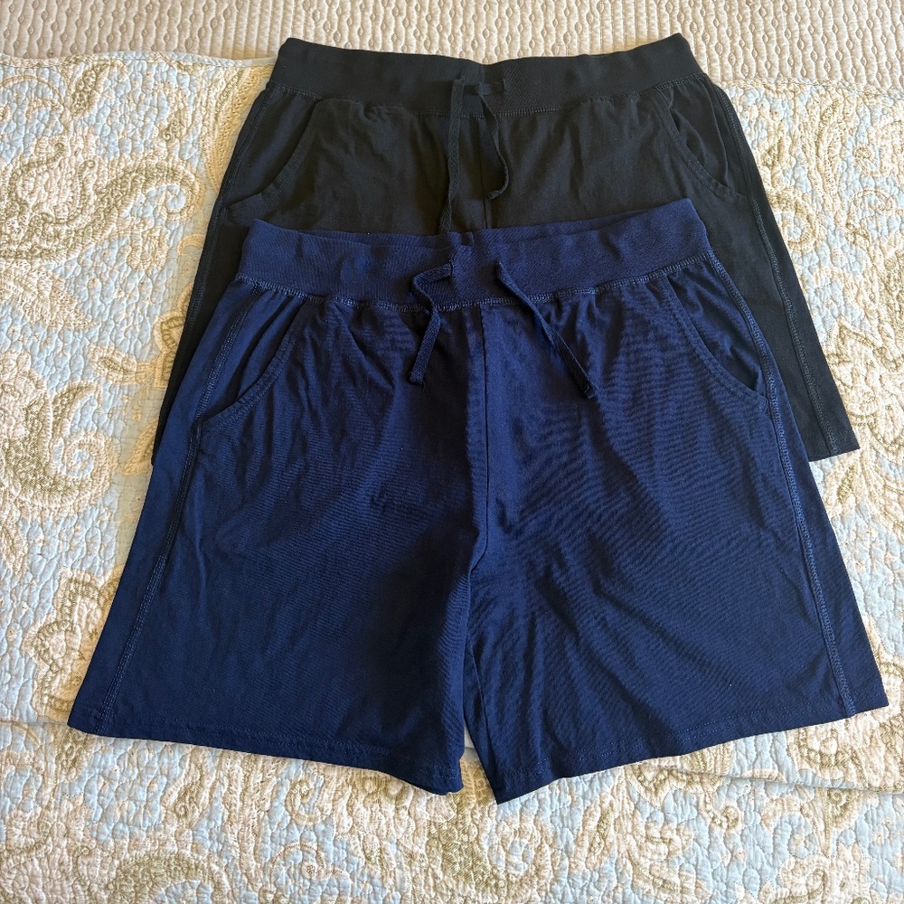 TWO PAIR HANES JERSEY POCKET SHORTS, 100% COTTON, SIZE LARGE, 1 BLACK, 1 BLUE